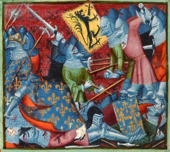 Miniature depicting the Battle of the Golden Spurs from the *Grandes Chroniques de France*, late 14th century - © Wikimedia Commons