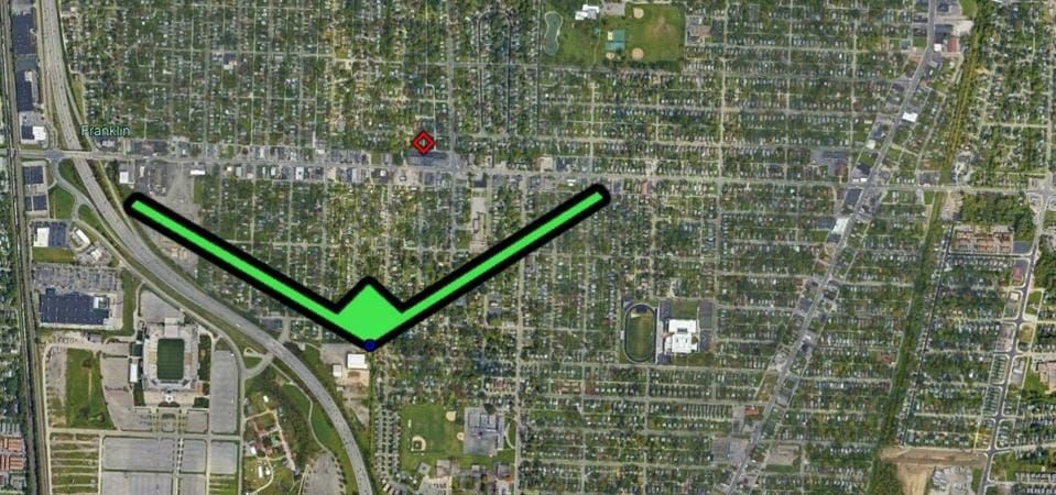 Map with a red square on a map indicating a crime scene location.  A green wedge is pointing toward it indicating the cell tower coverage area which covers the crime scene. 