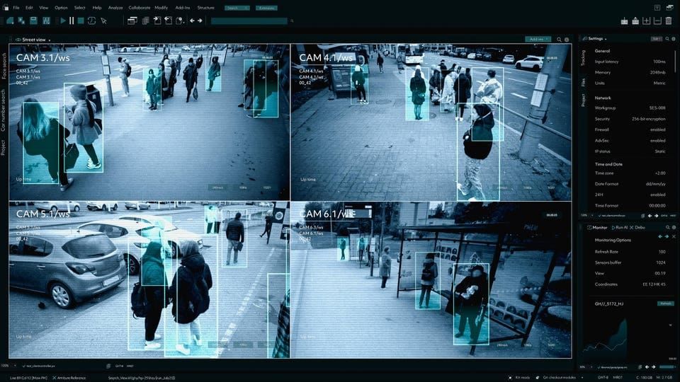 CCTV AI Facial Recognition Camera Authentificating People on Street. Security Camera Surveillance Footage Identity Scanning. Crowds of People Walking Safely on Big City Streets. Big Data AI 