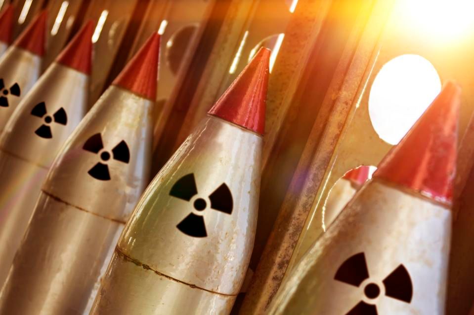 The nuclear warheads of a ballistic missile are aimed upwards for a nuclear strike.