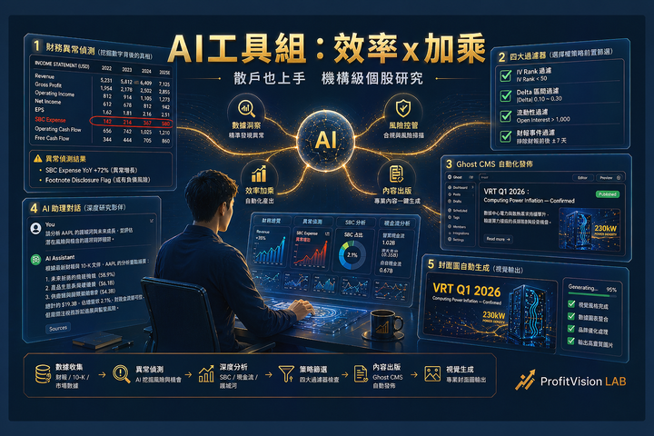 AI 輔助個股深度研究工作流封面：單一分析師操控多層全息數據面板，涵蓋財務異常偵測、四道濾網與 Ghost 發布，ProfitVision LAB AI投資實戰系列