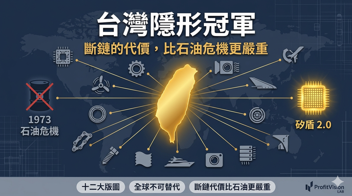 台灣隱形冠軍供應鏈封面：台灣島嶼發光節點連結半導體、螺旋槳、油封、紡織、遊艇等十二大產業，矽盾2.0論述，深藍金色調，ProfitVision LAB 總體政經觀察系列