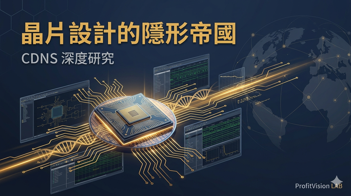 Cadence Design Systems (CDNS) 深度研究封面：EDA 晶片設計工具與半導體驗證流程的 3D 科技視覺，深藍金色調，ProfitVision LAB 個股深度研究系列