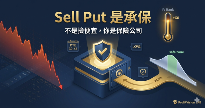 Sell Put 承保框架封面：IV Rank 視覺條、保費評級卡與賣方承保 SOP，深藍金色調，ProfitVision LAB 交易系統SOP系列