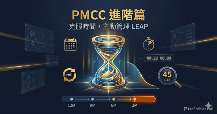 PMCC 進階篇封面：LEAP 時間管理與 Theta 加速曲線，選擇權策略視覺圖示，ProfitVision LAB 交易系統SOP系列