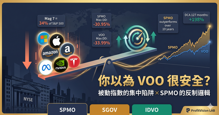 SPMO 動能 ETF 對比 VOO 資產配置封面：被動指數 Magnificent 7 集中風險與動能旋轉機制的金融視覺對比，深藍金色調，ProfitVision LAB 資產配置系列
