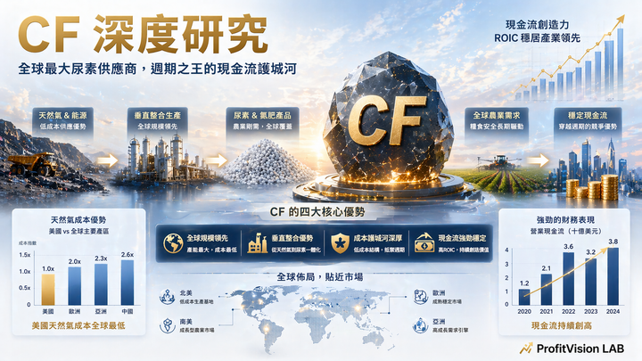 CF Industries 深度研究封面：天然氣轉高現金流企業引擎視覺，低碳氨布局圖，深藍金色調，ProfitVision LAB 個股深度研究系列