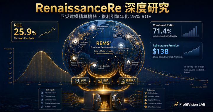 RenaissanceRe RNR 深度研究封面：巨災建模與三大獲利引擎視覺，25% ROE 複利機器，深藍金色調，ProfitVision LAB 個股深度研究系列
