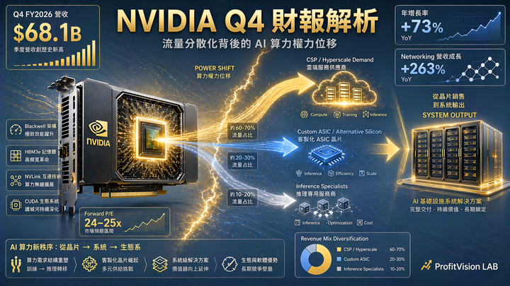 NVIDIA 2026Q4 財報封面：AI 算力流量分散化與系統輸出權力位移視覺，深藍金色調，ProfitVision LAB 美股解析系列