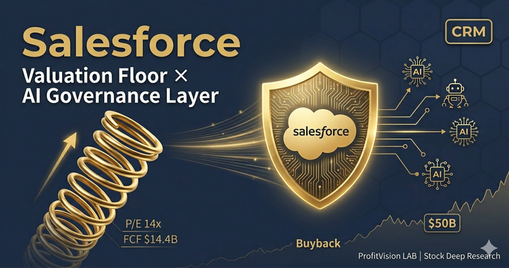 Salesforce CRM v1.0 cover: golden compressed spring at valuation floor and AI governance shield, deep navy and gold, ProfitVision LAB Stock Deep Research