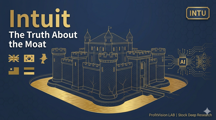 Intuit INTU v1.0 cover: fortress with hidden cracks and drying moat symbolizing artificial business barriers, navy and gold, ProfitVision LAB Stock Deep Research