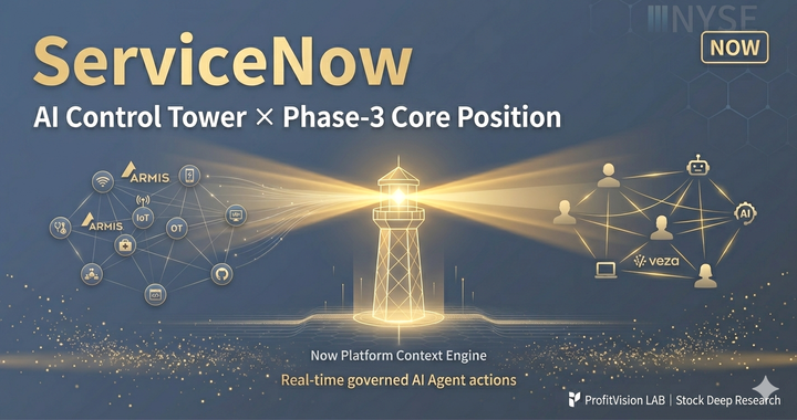 ServiceNow NOW Deep Research v3.0 cover: glowing AI Control Tower with asset and identity governance light flows in deep navy and gold, ProfitVision LAB Stock Deep Research