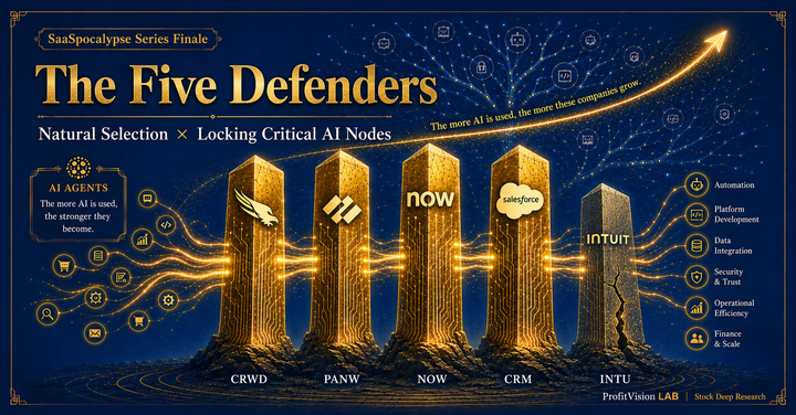 Five Defenders series finale: five pillars natural selection, four gold AI-node pillars thriving, one uncertain, deep navy and gold, ProfitVision LAB Stock Deep Research