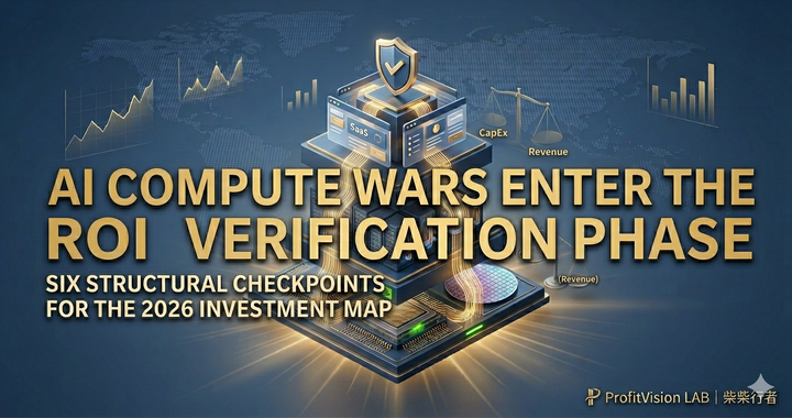AI Compute Wars ROI Verification Cover: Three-tier AI ecosystem stack with CapEx vs Revenue balance, steel blue and gold, ProfitVision LAB Macro Series