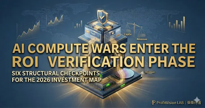 AI Compute Wars ROI Verification Cover: Three-tier AI ecosystem stack with CapEx vs Revenue balance, steel blue and gold, ProfitVision LAB Macro Series