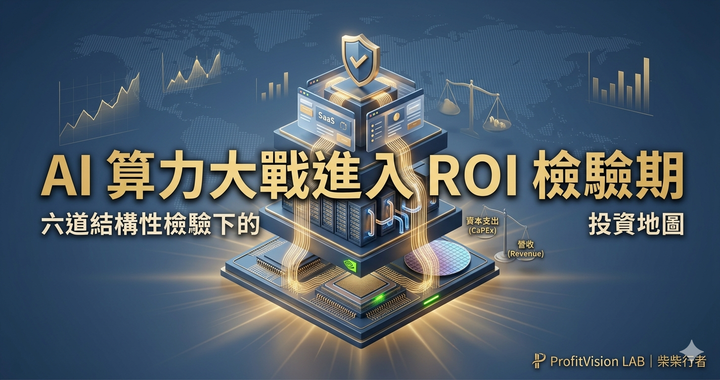 AI 算力大戰進入 ROI 檢驗期封面:三層 AI 生態棧視覺、CapEx vs Revenue 天平,深藍金色調,ProfitVision LAB 總體政經觀察系列