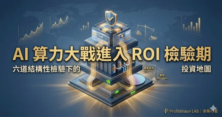 AI 算力大戰進入 ROI 檢驗期封面:三層 AI 生態棧視覺、CapEx vs Revenue 天平,深藍金色調,ProfitVision LAB 總體政經觀察系列
