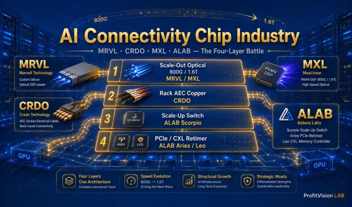 AI High-Speed Connectivity Chip Industry Overview Cover: Four-way competition MRVL CRDO MXL ALAB, steel blue and gold design, ProfitVision LAB Research Series