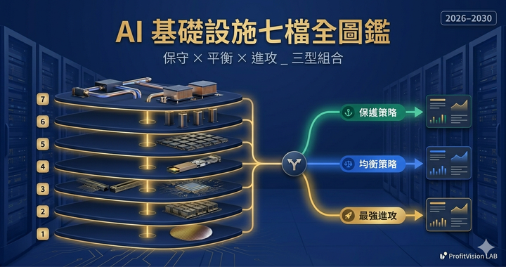 AI 基礎設施七檔長期持股全圖鑑封面：左側 3D 七層 AI 工廠堆疊，中央 Y 字決策節點，右側三條分支路徑（綠色保護策略、藍色均衡策略、金色最強進攻），深藍底色含資料中心機房剪影，ProfitVision LAB 資產配置系列