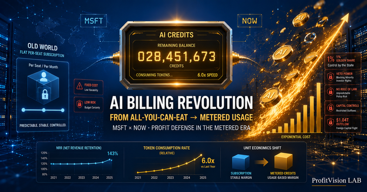 AI Billing Revolution cover: from per-seat subscriptions to metered usage-based Credits, MSFT × NOW margin defense in the enterprise AI era, ProfitVision LAB Enterprise Strategy Series