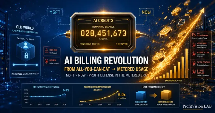 AI Billing Revolution cover: from per-seat subscriptions to metered usage-based Credits, MSFT × NOW margin defense in the enterprise AI era, ProfitVision LAB Enterprise Strategy Series