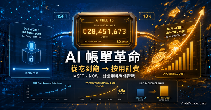 AI 帳單革命封面：從固定月費到按量計費的 SaaS 利潤版圖重組，微軟 MSFT × ServiceNow NOW 計量制毛利保衛戰，ProfitVision LAB 企業 AI 策略系列