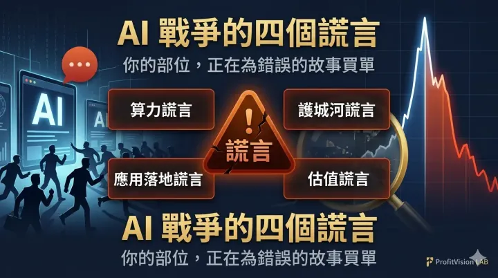 AI 戰爭四個謊言封面：AI 投資敘事陷阱視覺分析，深藍金色調，ProfitVision LAB 個股深度研究系列