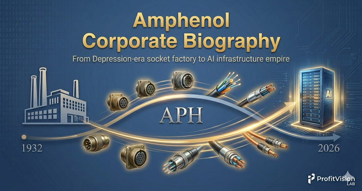 Amphenol (APH) Corporate Biography: 1932 factory to AI data center, 93-year timeline with connector 3D elements and gold light effects. ProfitVision LAB Deep Research.