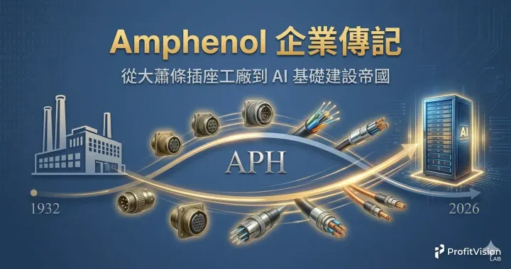 Amphenol (APH) 企業傳記研究封面：從 1932 芝加哥工廠到 AI 資料中心的 93 年歷史弧線，連接器 3D 元素與金色光效，ProfitVision LAB 個股深度研究系列