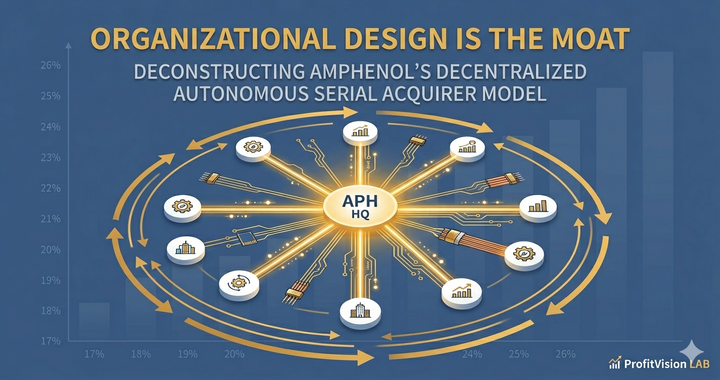 Amphenol (APH) Org Design Moat: decentralized BU constellation with gold flywheel arrows on steel blue background. ProfitVision LAB Deep Research.