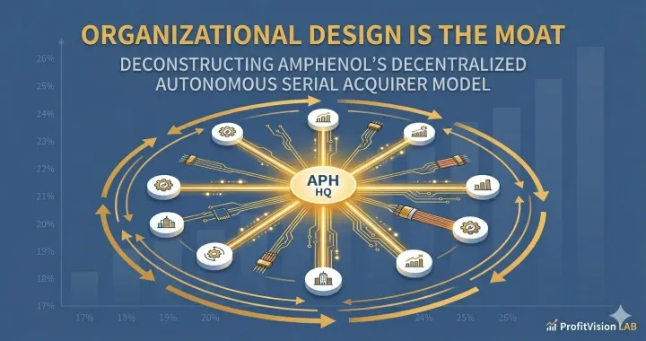 Amphenol (APH) Org Design Moat: decentralized BU constellation with gold flywheel arrows on steel blue background. ProfitVision LAB Deep Research.