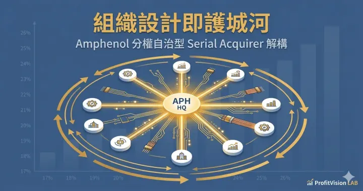 Amphenol (APH) 組織設計護城河研究封面：分權自治業務單元星狀連結圖，金色飛輪箭頭，深藍科技底色，ProfitVision LAB 個股深度研究系列