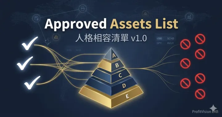 Approved Assets List v1.0 封面：五層資產配置框架與 Do Not Touch 投資邊界系統，深藍金色調，ProfitVision LAB 資產配置系列