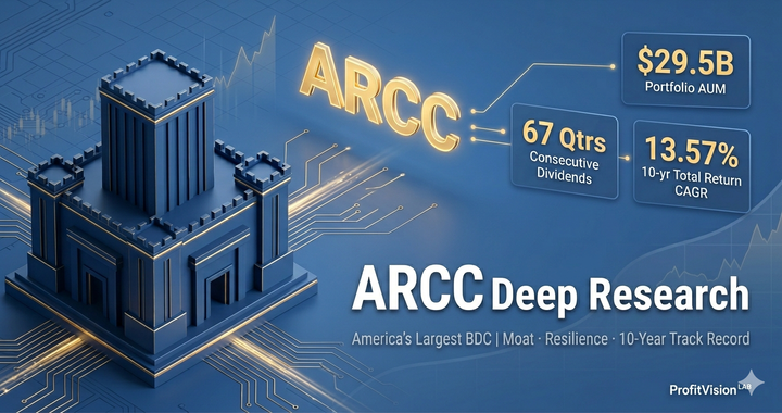 ARCC Ares Capital deep research cover: Americas largest BDC, $29.5B portfolio, 67 consecutive dividend quarters, 13.57% 10-year CAGR, steel blue and gold, ProfitVision LAB