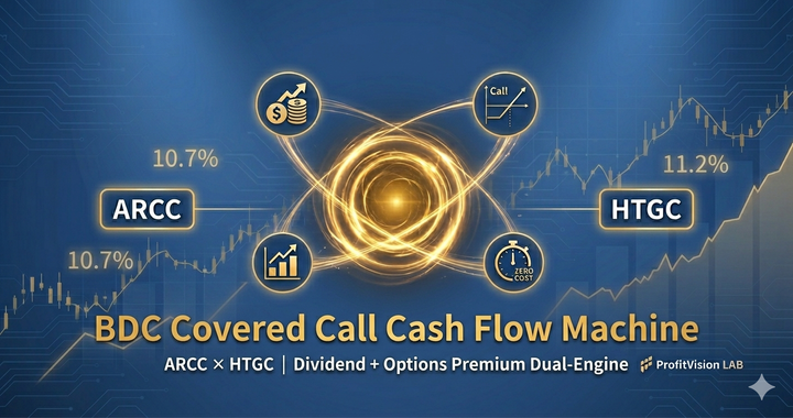 BDC covered call cash flow machine cover: ARCC × HTGC dividend plus options premium dual engine, margin zero-cost countdown, steel blue gold energy sphere, ProfitVision LAB