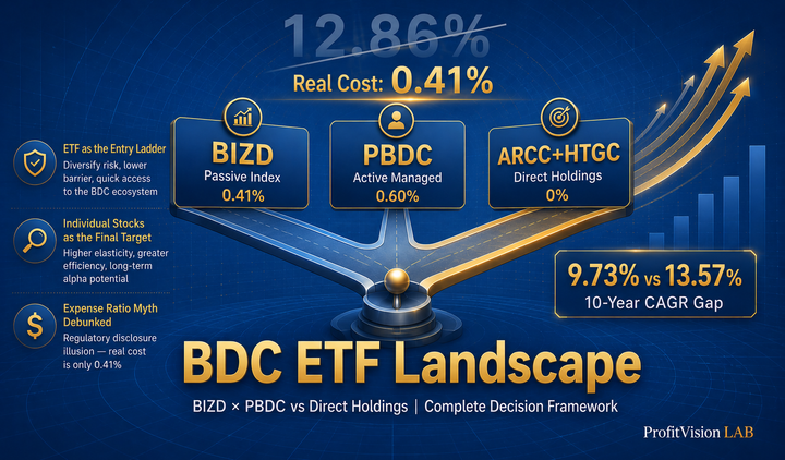 BDC ETF landscape decision framework cover: BIZD passive vs PBDC active vs direct holdings, 12.86% myth debunked, steel blue gold, ProfitVision LAB