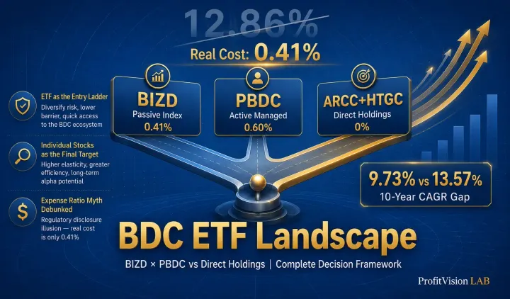 BDC ETF landscape decision framework cover: BIZD passive vs PBDC active vs direct holdings, 12.86% myth debunked, steel blue gold, ProfitVision LAB
