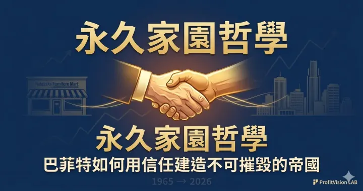 Berkshire Hathaway 永久家園哲學封面：金色握手光效象徵信任型併購，深藍底色，ProfitVision LAB 企業傳記研究系列