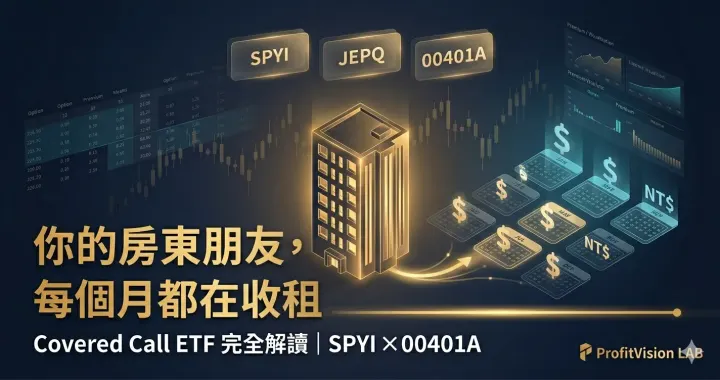 Covered Call ETF 完全解讀封面：公寓建築象徵月配息收租策略，美元符號以月曆形式流動代表每月現金流，深藍金色調，SPYI 與 00401A 對比，ProfitVision LAB 資產配置系列