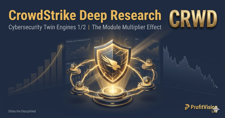 CRWD deep research cover: 3D Falcon platform with central glowing shield and 32 orbiting modules, navy and gold — ProfitVision LAB