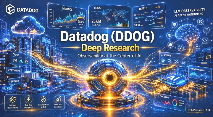 Datadog (DDOG) Deep Research cover: 3D sensor orb with cloud server data streams, AI agent monitoring visualized in steel blue and gold, ProfitVision LAB Deep Research Series