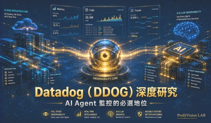 Datadog（DDOG）深度研究封面：雲端可觀測性平台與 AI Agent 監控的 3D 科技視覺，深藍金色數據流，ProfitVision LAB 個股深度研究系列