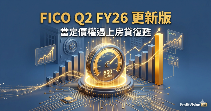 FICO（Fair Isaac）Q2 FY26 更新版封面：信用評分儀表盤 850 與房貸量回升柱狀圖的 3D 科技視覺，深藍金色調，ProfitVision LAB 個股深度研究系列