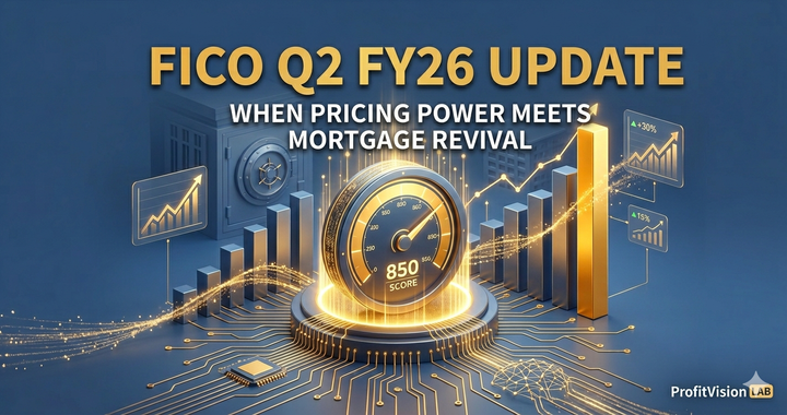 FICO Q2 FY26 Update: credit score gauge 850, rising mortgage bars, steel blue and gold 3D visual — ProfitVision LAB Equity Research