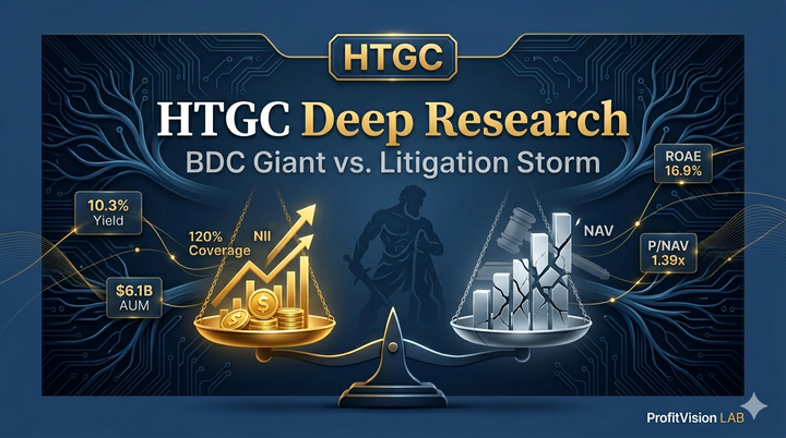 HTGC (Hercules Capital) deep research cover: balance scale with NII growth vs. litigation gavel, Hercules warrior silhouette, ProfitVision LAB Deep Research Series