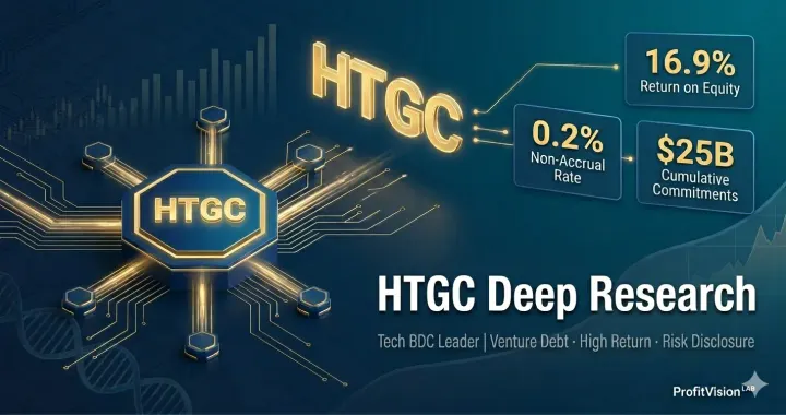 HTGC Hercules Capital deep research cover: tech BDC leader venture debt ecosystem, 16.9% ROAE, 0.2% non-accrual, deep navy tech node composition, ProfitVision LAB BDC Research Series