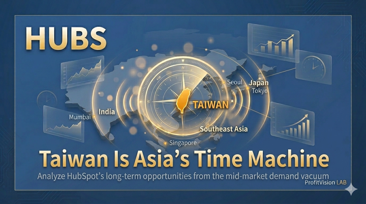 HubSpot (HUBS) Research Cover: Taiwan-centered radar compass with golden signal rings reaching Japan, Korea, SEA, India — Asia's B2B SaaS time machine