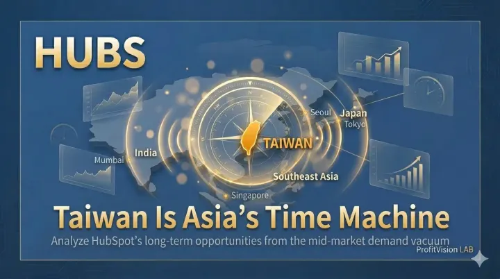 HubSpot (HUBS) Research Cover: Taiwan-centered radar compass with golden signal rings reaching Japan, Korea, SEA, India — Asia's B2B SaaS time machine