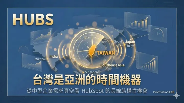 HubSpot (HUBS) 深度研究封面:台灣為中心、輻射至日韓星馬印泰越的亞洲市場時間機器視覺,3D 雷達羅盤搭配金色信號環,深藍金色調,ProfitVision LAB 個股深度研究系列