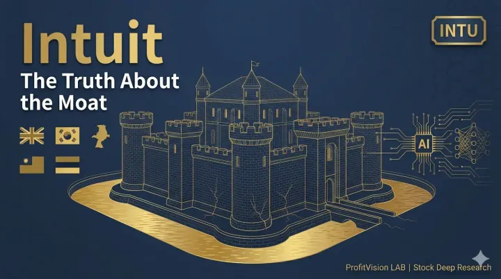 Intuit INTU v1.0 cover: fortress with hidden cracks and drying moat symbolizing artificial business barriers, navy and gold, ProfitVision LAB Stock Deep Research